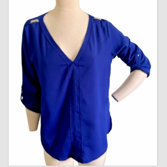 Zara Basic Blouse Royal Blue Sz L Rolltab V-neck Pyramid Studs #225D - Picture 1 of 6